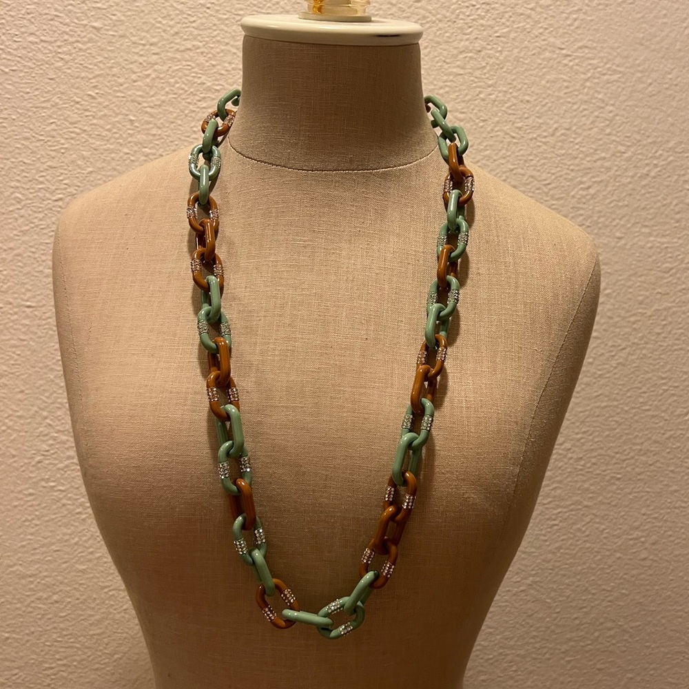 J.Crew Turquoise and Tan 32 Inch Link Necklace with Clear Crystals